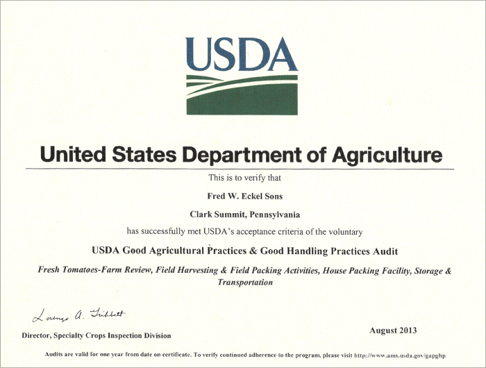 Fred W. Eckel Sons USDA Certificate