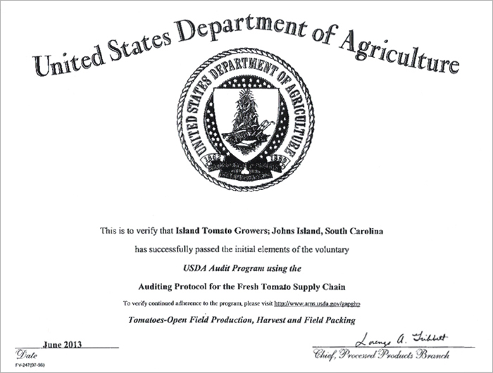 Island Tomato USDA Certificate