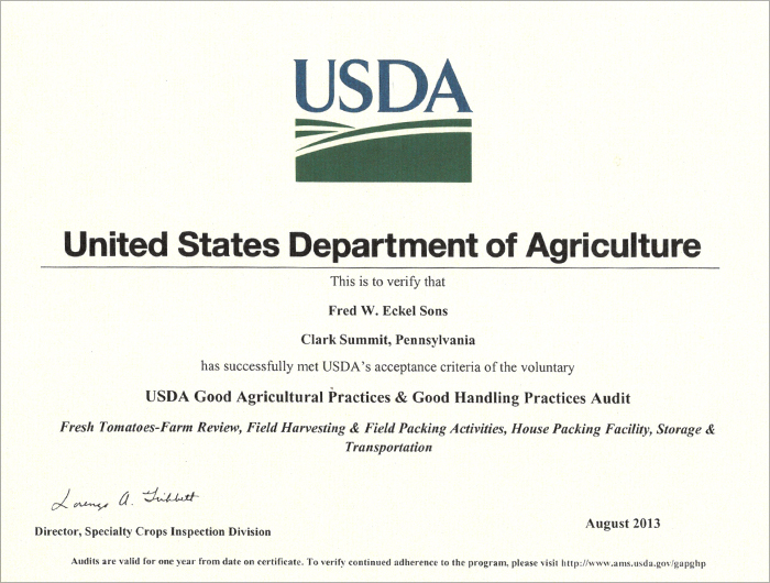 Fret W. Eckel Sons Certificate Summit Harvest