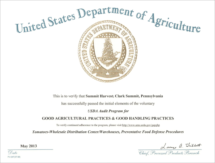 Summit Harvest Certificate Summit Harvest